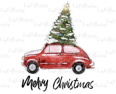 Watercolor Vintage Red Christmas Car Clipart PNG. New Year. - Etsy