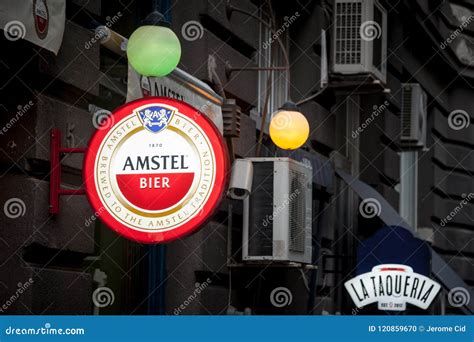 Logo of Amstel Beer on a Bar Sign with Its Distinctive Visual. Amstel is a Dutch Light Pilsner ...