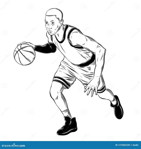 Hand Drawn Sketch Of Basketball Player In Black Isolated On White Background. Detailed Vintage ...