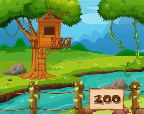 Free Vector | Background scene of zoo park with river and treehouse