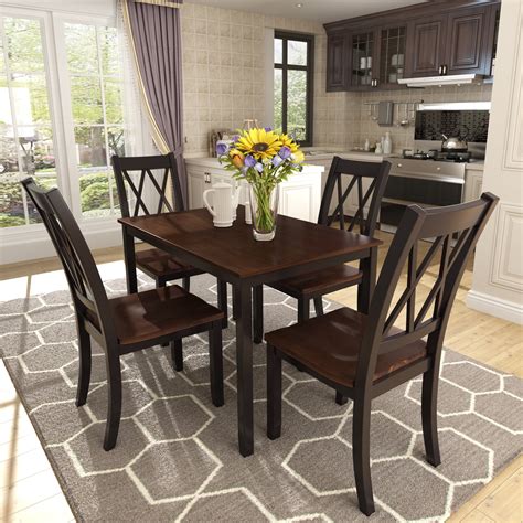 Dining Set Kitchen Table with 4 Pieces Chairs, Smooth Surface Wood Dinette Set, Solid Acacia ...