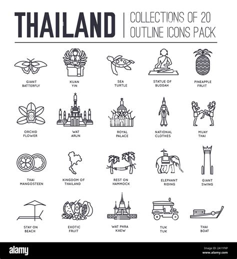 Set of cultural symbols and sightseeing attractions of Thailand thin line icons on white ...