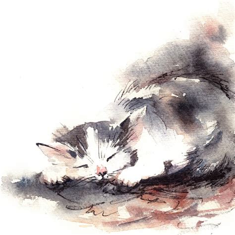 Art Print of Sleeping kitten watercolor painting of cat Cat