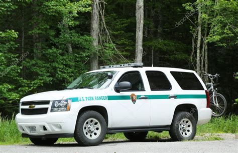 US Park ranger car in Arcadia National Park in Bar Harbor, Maine ...