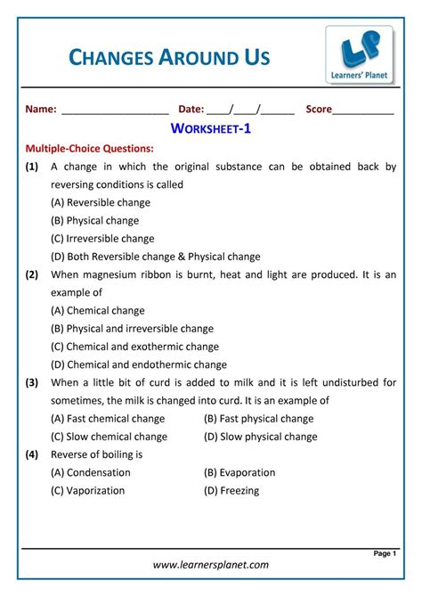 Grade 6 Changes Around Us Worksheet