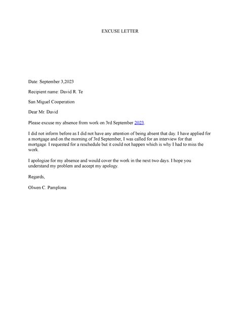 Excuse Letter - This may help you - EXCUSE LETTER Date: September 3, Recipient name: David R. Te ...