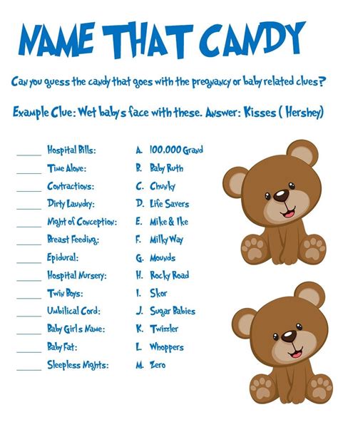 Baby Shower Bear Themed Name That Candy Game - Etsy