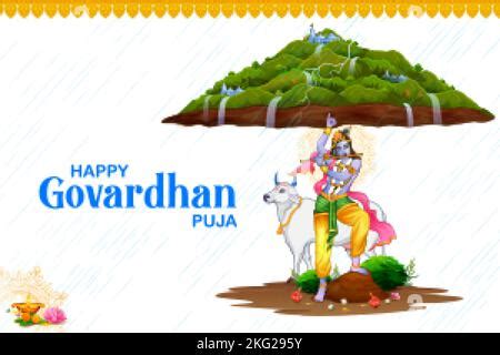 illustration of Lord Krishna lifting Govardhan mountain on Govardhan Puja festival background of ...