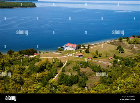 Aerial view of Rock Island State Park and its majestic boathouse, off of the tip of Door County ...