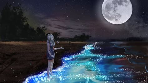 Anime, Scenery, Girl, Night, Beach, Moon, 4K, #258 Wallpaper