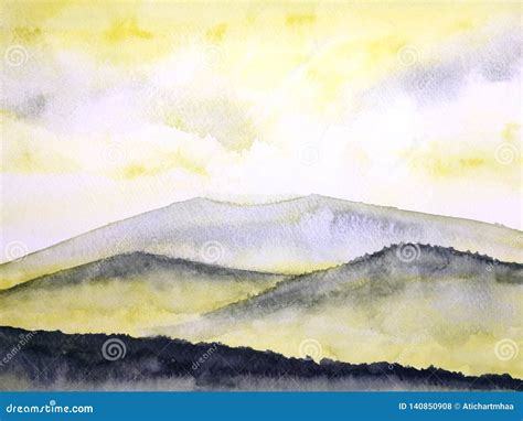 Watercolor Painting Landscape Sunset or Sunrise on the Mountain Fog ...