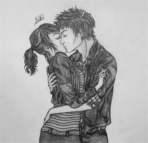 a drawing of two people kissing each other with one holding the other's ...