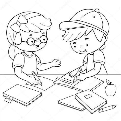 Niños Haciendo Sus Deberes Escritorio Vector Blanco Negro Para Colorear Vector de stock por ...