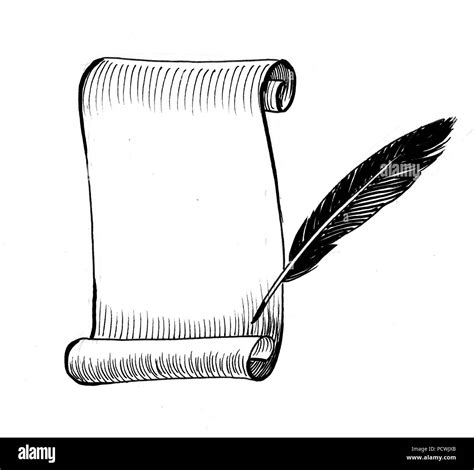 Paper scroll and quill. ink black and white drawing Stock Photo - Alamy