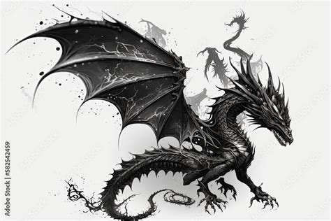 Black spiked dragon with wings spread and dark tendrils curling up from its body. Isolated on ...