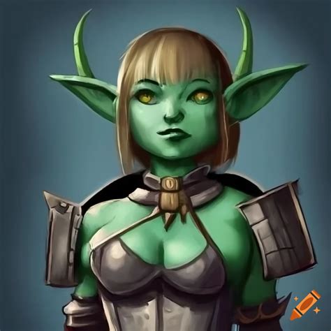 Close-up of a cute goblin girl wearing heavy armor on Craiyon