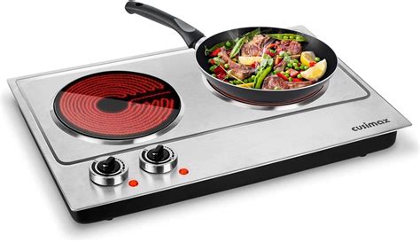 Cusimax Hot Plate 1800W Electric Double Burner Ceramic Infrared Countertop Cooktop Glass Heating ...