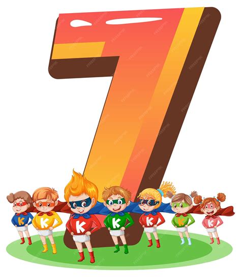 Free Vector | Seven kids with number seven cartoon