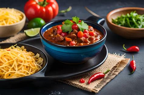 Premium AI Image | a bowl of chili with beans and vegetables on a table.