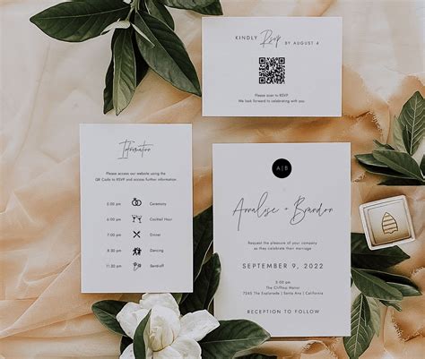 Modern Monogram QR Code Wedding Invitation Suite, Digital Rsvp, Minimalist Invitation with Icons ...