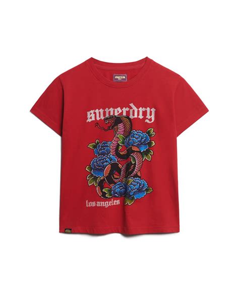 Womens - Tattoo Rhinestone Fitted T-Shirt in Risk Red | Superdry UK