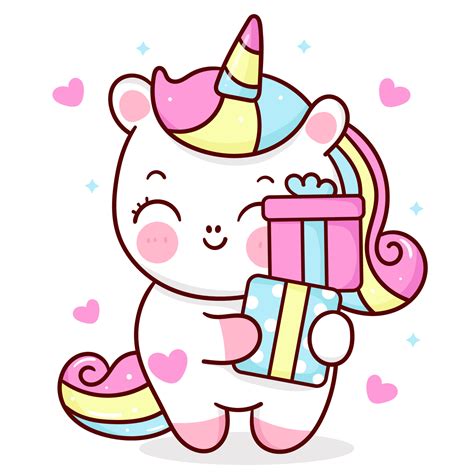 Cute unicorn cartoon kawaii vector holding birthday gift animal horn ...