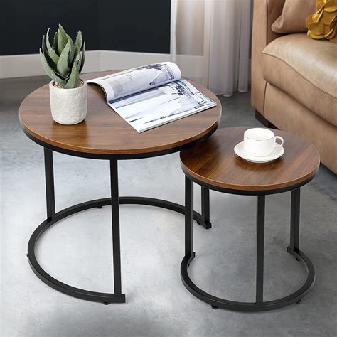 Amzdeal Modern Nesting Coffee Tables, Walnut Round Top, Set of 2, Brown ...