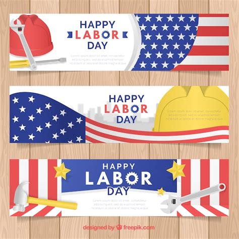 Free Vector | Labor day banners with tools and flags