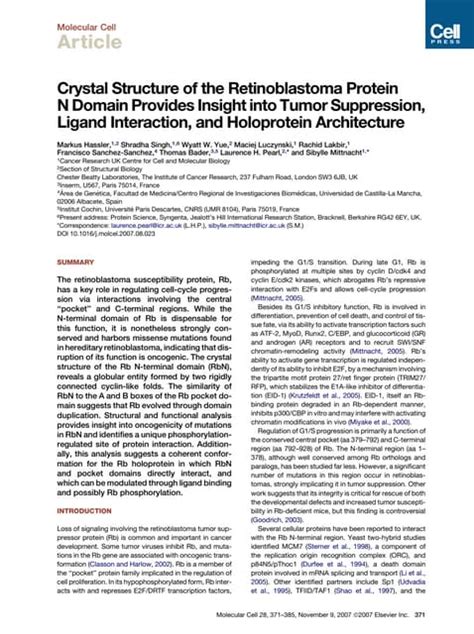 Crystal Structure of the Retinoblastoma Protein | PDF