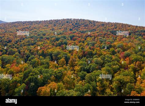 Aerial view of fall foliage along the Catskill Mountains in upstate New ...