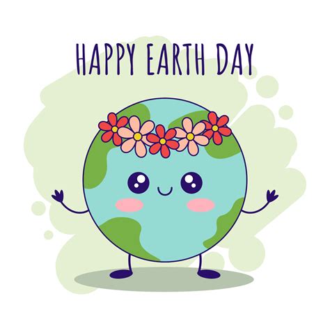 Cute cartoon kawaii earth character on a green background. Happy Earth day greeting card. Hand ...