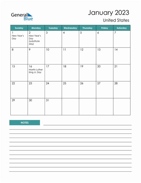 Monthly Planner with United States Holidays - January 2023