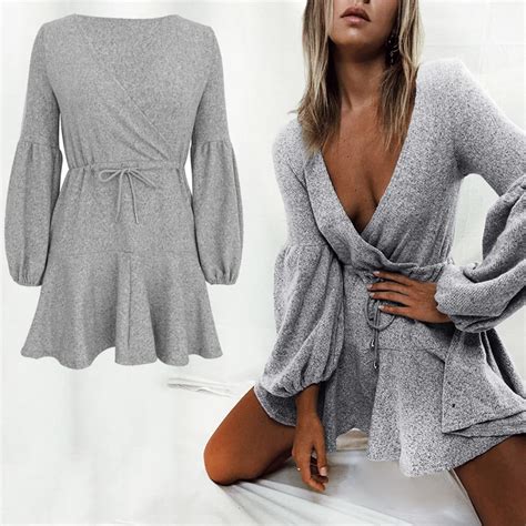 Fashion Sexy Deep V Neck Puff Sleeve Spring Autumn Mini Dress Women ...