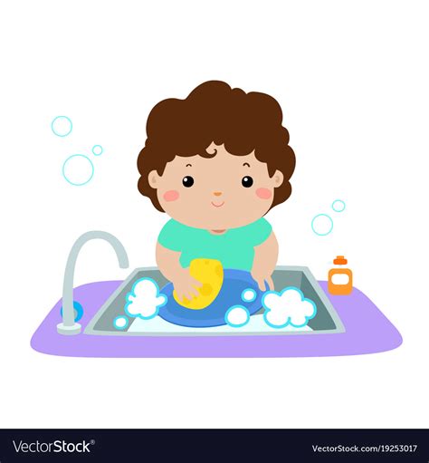 Happy boy washing dish on white background Vector Image