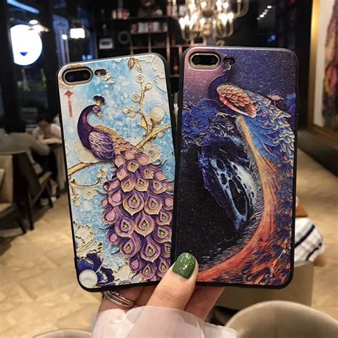 NECONO 3D Relief Peacock Phone Case For iPhone X 8 7Plus Luxury Silk Pattern Beautiful Back Case ...