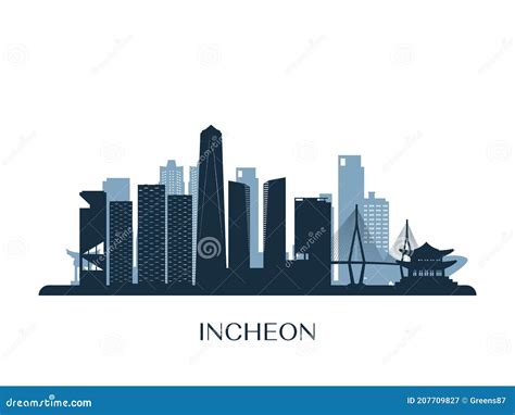 Incheon Skyline, Monochrome Silhouette. Stock Vector - Illustration of ...