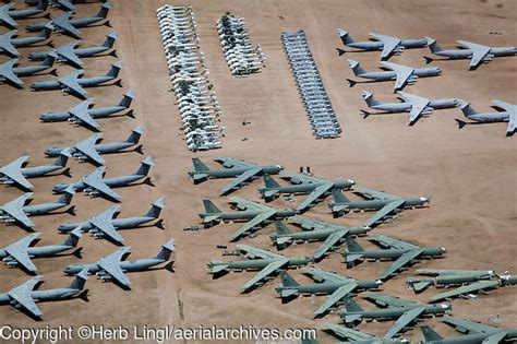 aerial view above military aircraft boneyard Tucson Arizona Davis Monthan air force base ...