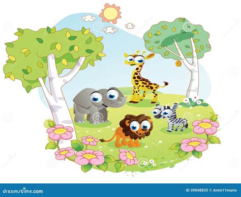 Wild Animals Cartoon At The Flower Garden Stock Illustration - Image: 39048835