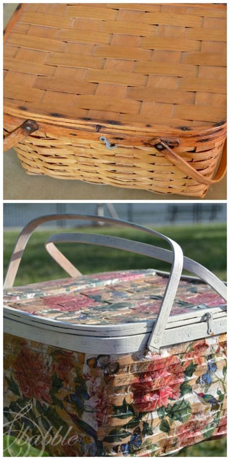 an old wicker basket is transformed into a decorative ottoman cover with fabric linings