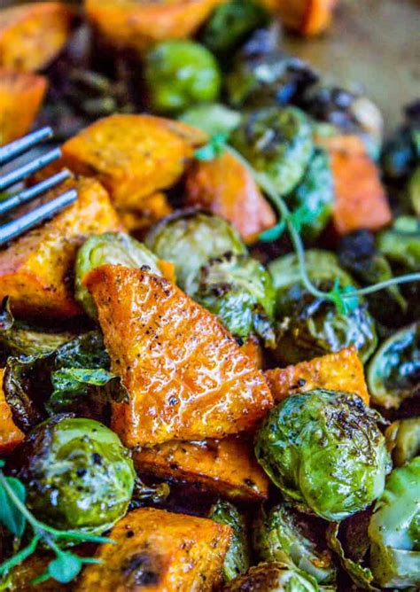 Roasted Sweet Potatoes and Brussels Sprouts - The Food Charlatan