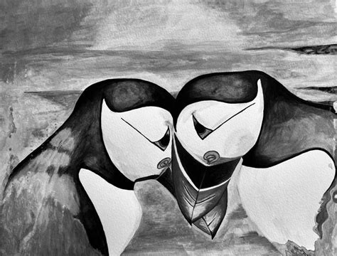 Puffins In Water I B&W Painting by Jon Smith | Saatchi Art