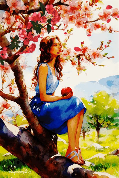 a painting of a girl sitting on a tree branch with an apple in her hand