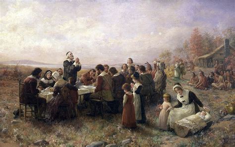 First Thanksgiving at Plymouth , Massachusetts between Pilgrims and ...