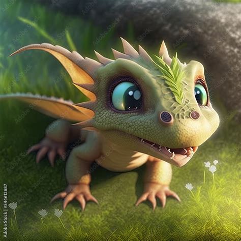 a cute adorable baby dragon lizard 3D Illustation stands in nature in ...