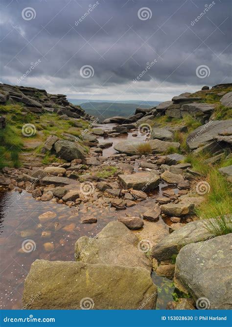 Kinder Downfall on the Pennine Way with Dark Storm Clouds Overhead, Peak District National Park ...