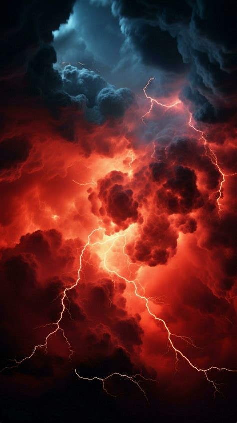 Intense red storm clouds electrified by dramatic bolts of lightning Vertical Mobile Wallpaper AI ...