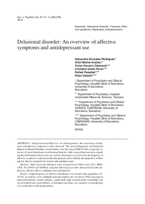 (PDF) Delusional disorder: an overview of affective symptoms and antidepressant use | Cristobal ...