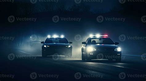 Police cars driving at night chasing a car in fog 911 police car ...