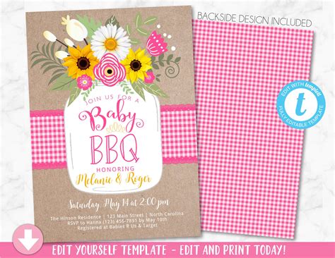 Pink Baby BBQ Invitation, Baby Shower Invite, Baby Q Barbeque Summer Invition Printable, Mason ...