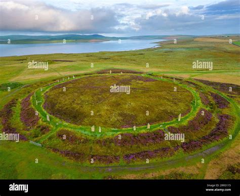 Aerial view of Ring of Brodgar neolithic henge and stone circle at West ...